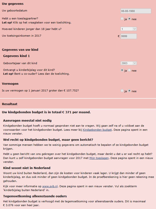 Schermafdruk van rekenhulp op site Belastingdienst waar uit blijkt dat je maandelijks 371 Euro Kindgebonden budget kunt krijgen als je een veertienjarig kind hebt.